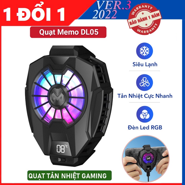 Quạt tản nhiệt điện thoại MEMO DL05 - sò lạnh Siêu lạnh, hiển thị nhiệt độ, LED RGB, Kẹp thu vào 2 chiều BH 12 THÁNG