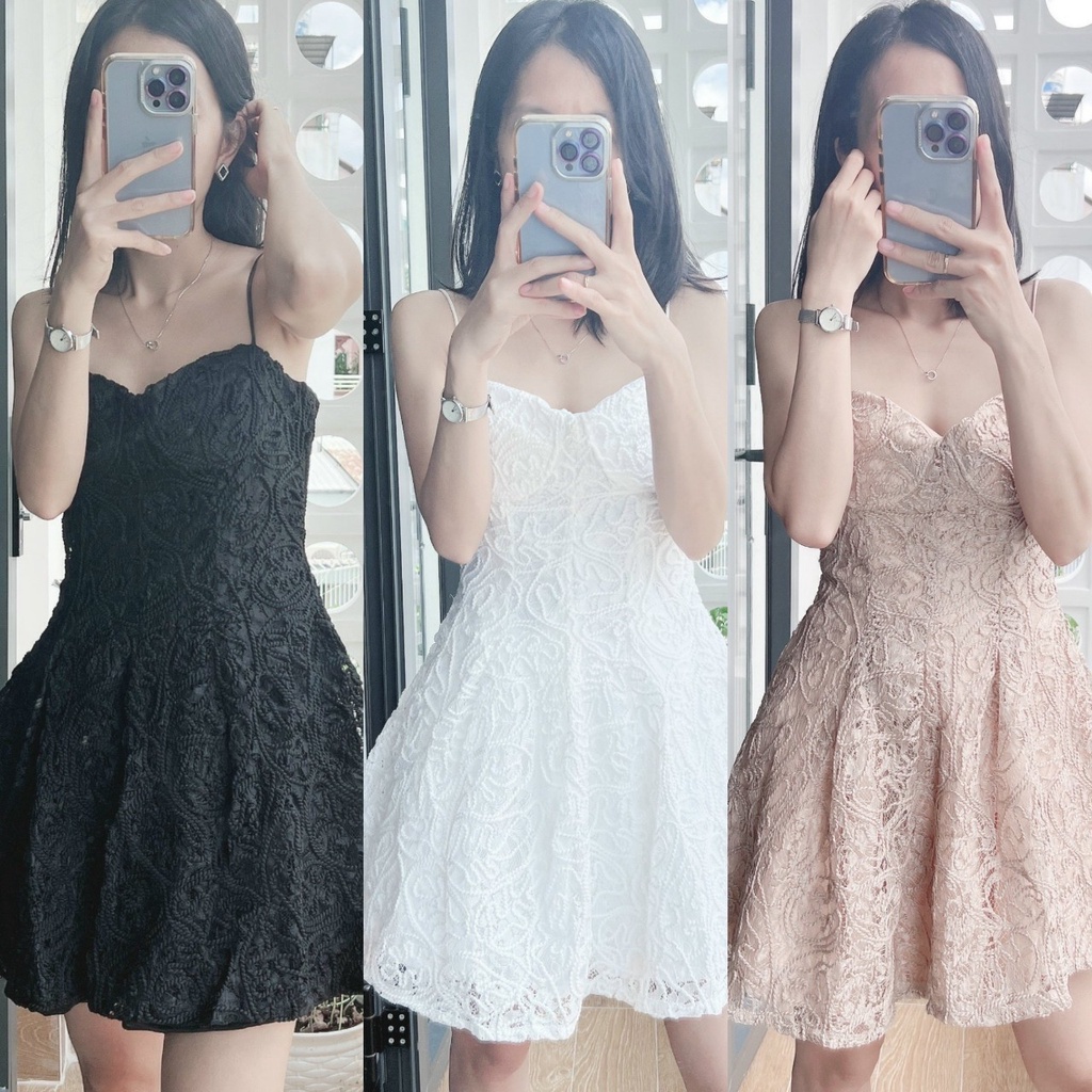 Đầm xòe 2 dây cúp ngực chất ren nổi siêu xịn