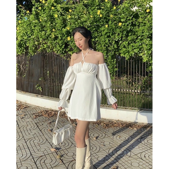 [ SẴN MÀU XANH/TRẮNG] ĐẦM  TRỄ VAI TAY DÀI  DÂY CỔ YẾM CUTOUT LƯNG KTGIMI ( Kèm ảnh thật)