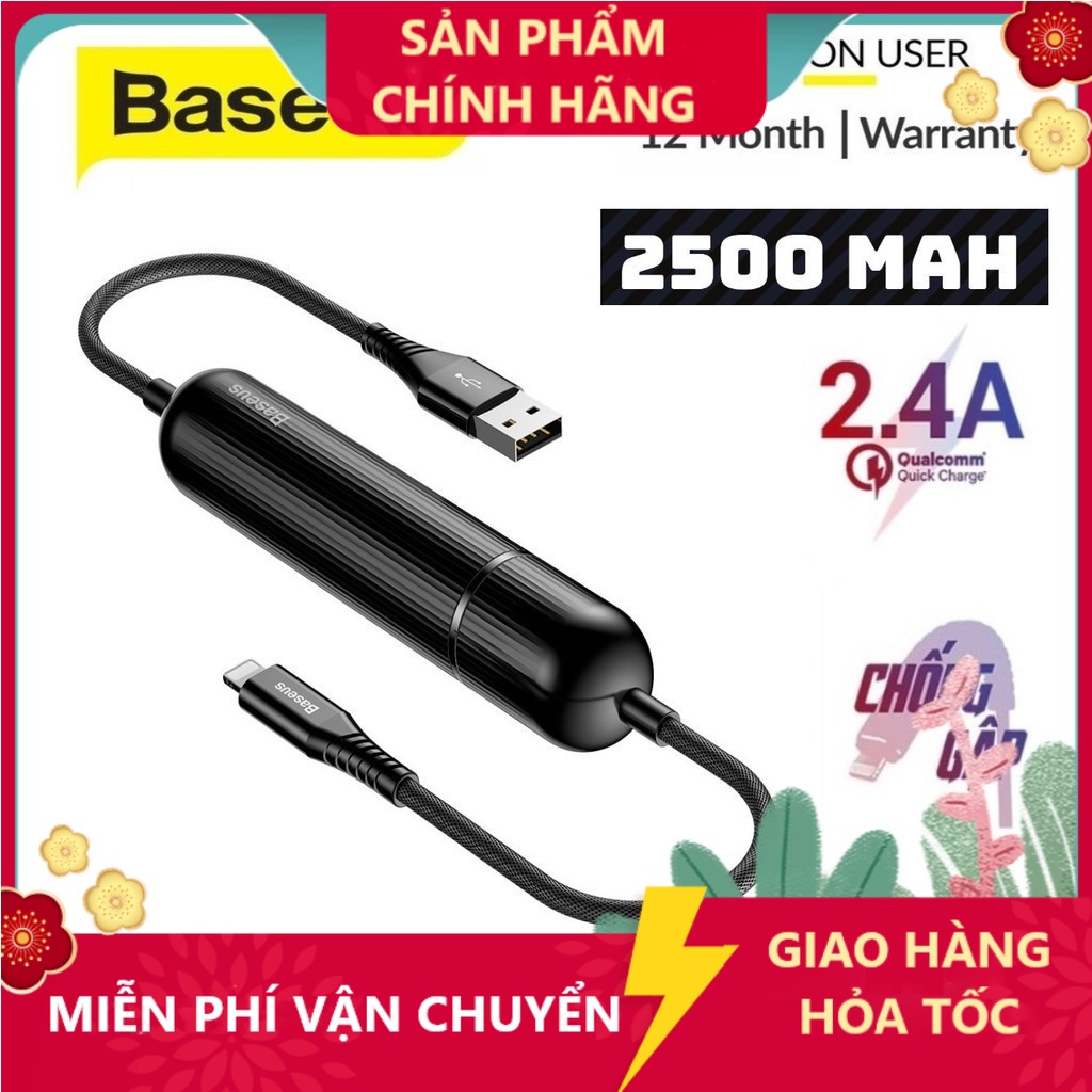 Cáp sạc tích hợp pin dự phòng Baseus 2in1 sạc dự phòng  dung lượng 2500 mAh + USB / Lightning cáp 2.4A đen -ACSTORE