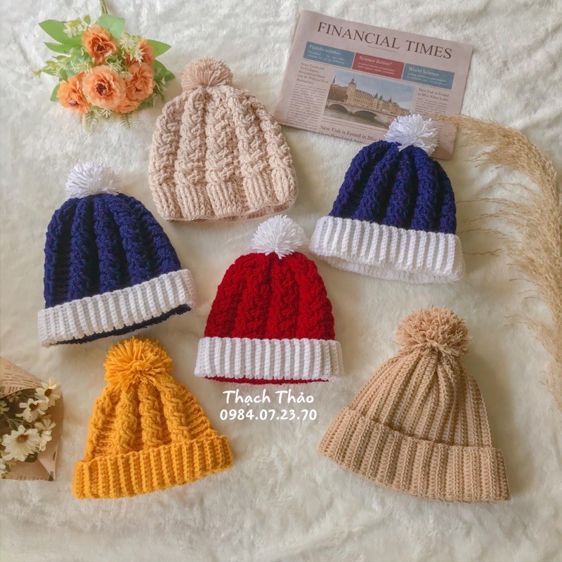 MŨ LEN BEANIE MÓC HANDMADE CHO BÉ TRAI VÀ BEA GÁI (chat để chọn màu và mẫu)