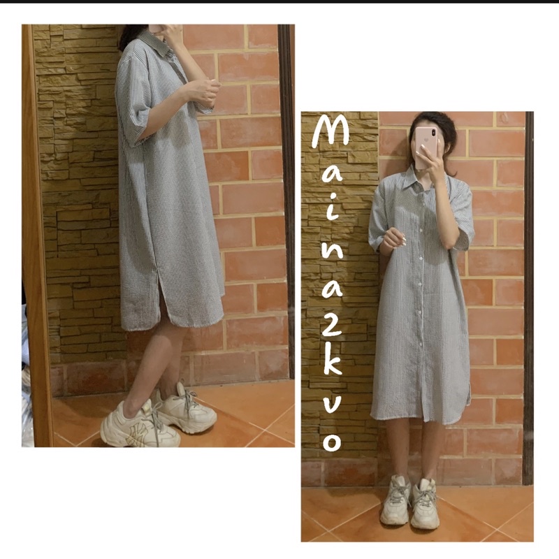 Váy polo form rộng cộc tay kẻ sọc - Đầm sơ mi dáng oversize | BigBuy360 - bigbuy360.vn