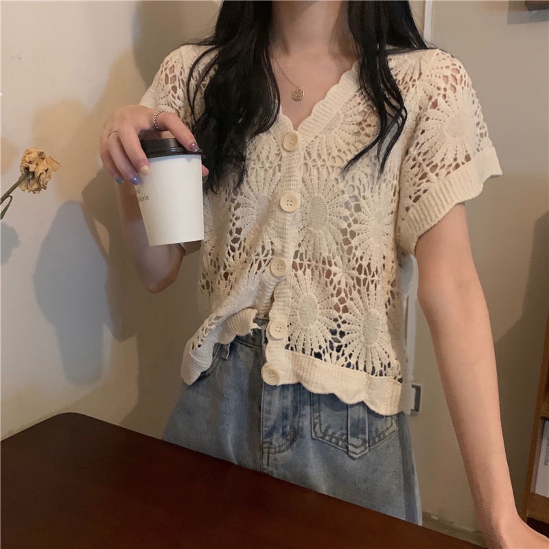 Áo Khoác Cardigan Tay Ngắn Màu Trơn Phối Ren Thời Trang Cho Nữ