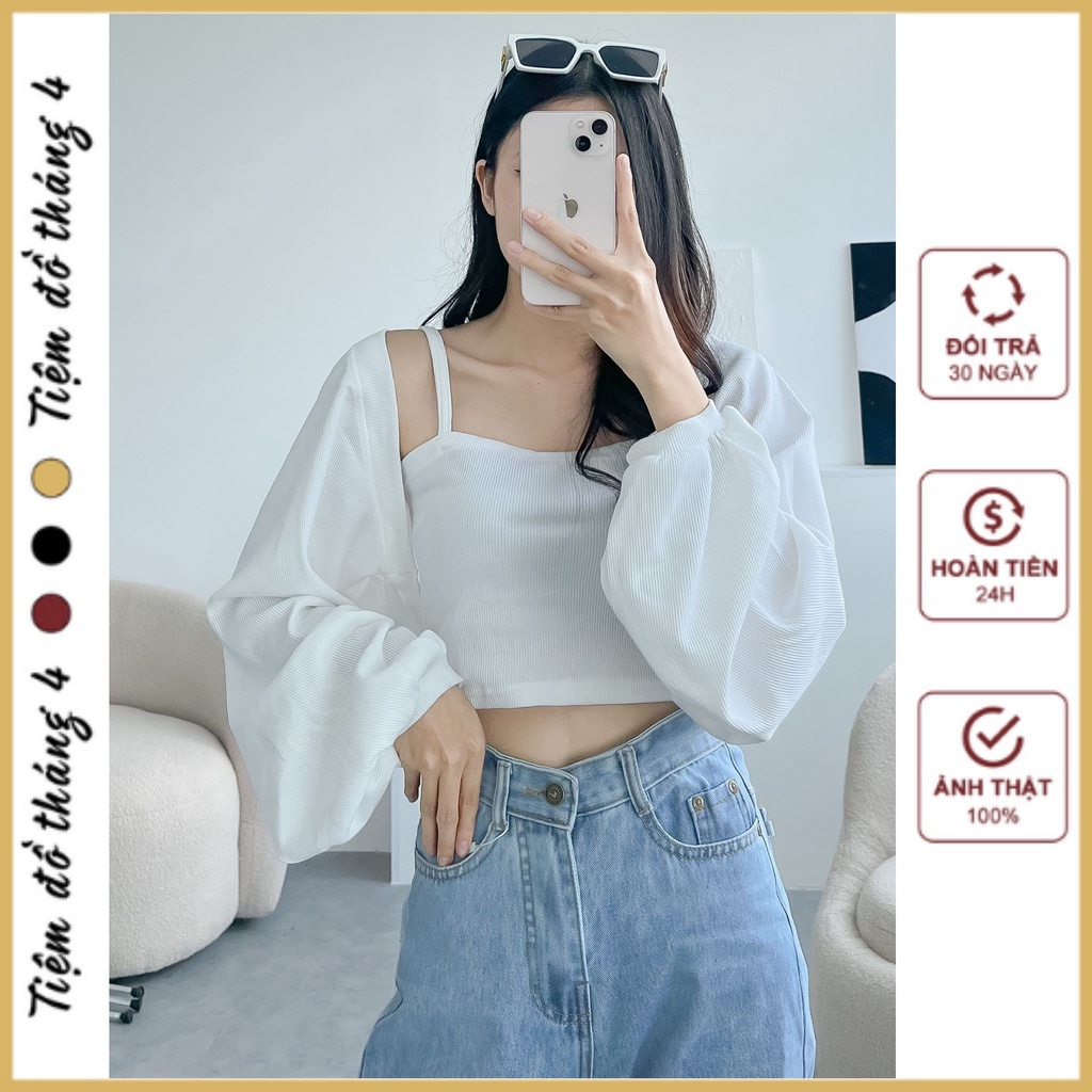 Set Áo Cardigan Croptop Hai Dây Bên Trong Thun Gân Ôm Tôn Dáng, Croptop 2 Dây Kèm Áo Khoác Ngoài Mẫu 2022 BARBIE TOP