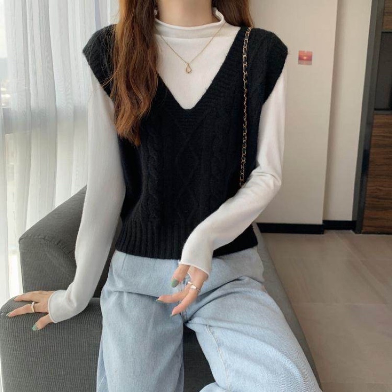 Áo Gile Len đan Nữ Màu trơn Ulzzang Thu Đông Hàn Quốc Áo Gile Nữ Len Cổ tim Thời trang