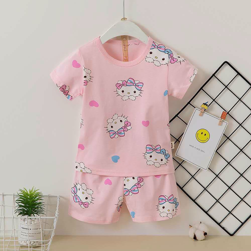 Bộ Quần Áo Trẻ Em Mùa Hè Họa Tiết hello kitty Trắng màu hồng chất liệu cotton cho bé gái