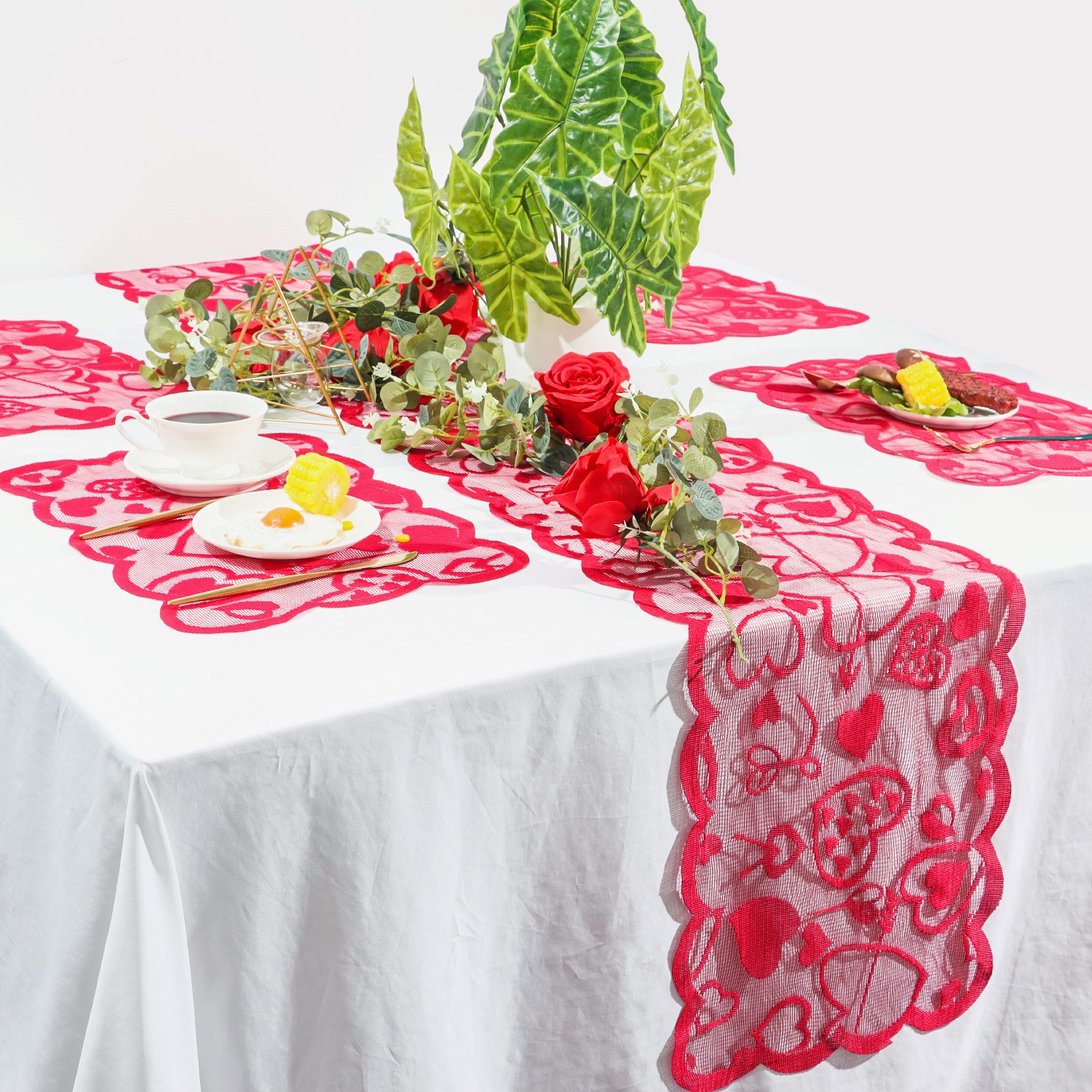 ❤LANSEL❤ 5PCS Rectangular Tablecloth Table Placemats Dinner Supplies Lace Table Runner Heart Party Wedding Anniversary Home Romantic Valentines Day