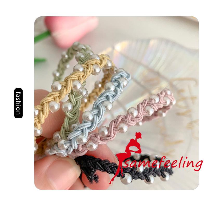 SF♫Pearl Bracelet Hair Circle, Candy Colored Rubber Band Three Thread Braided Headdress, Women´s Hair Accessories