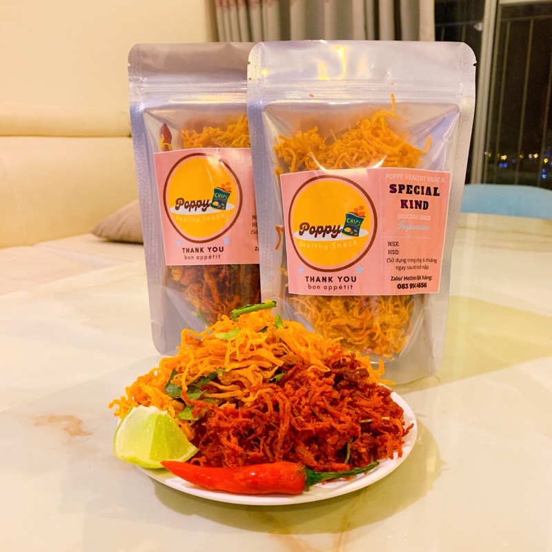 Khô gà khô bò ngon đồ ăn vặt POPPY món mix (lá chanh - bơ tỏi - khô-bò sợi) hàng cao cấp, túi zip 150g