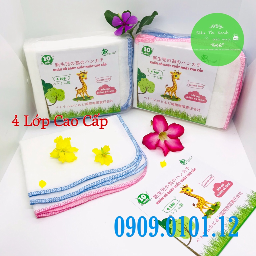 Khăn sữa baby xuất nhật, khăn xô đa năng cao cấp 100% cotton tự nhiên dày 4 lớp mềm mịn không xù lông set 10 cái