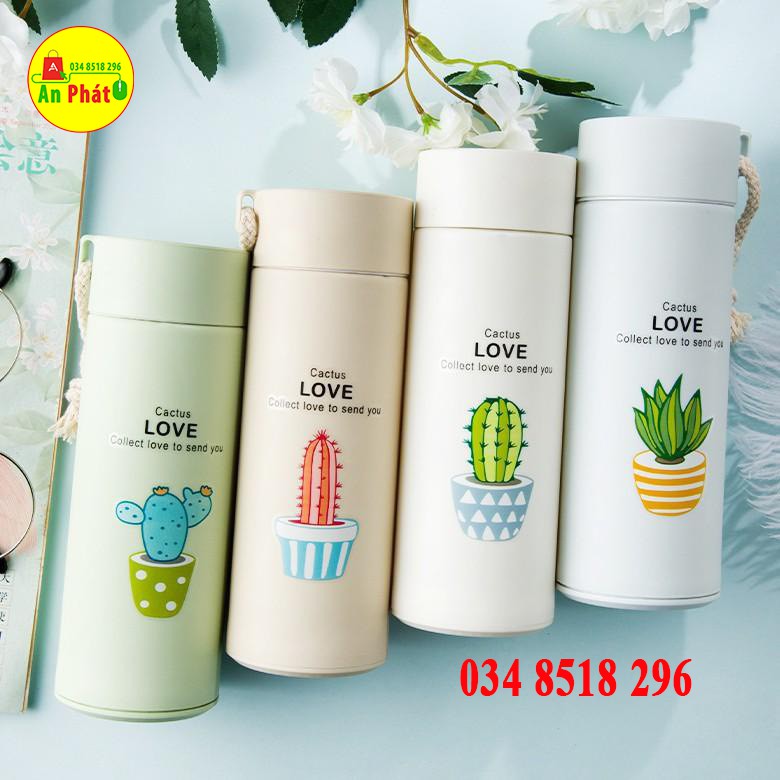 Bình Thủy Tinh Bọc Nhựa 400ml  FREESHIP  Bình Giữ Nhiệt Love Cactus  In Hình Xương Rồng