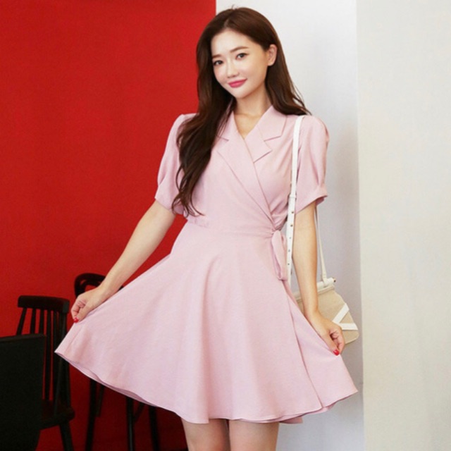 Đầm hồng cổ vest đắp tà (kèm hình thật)