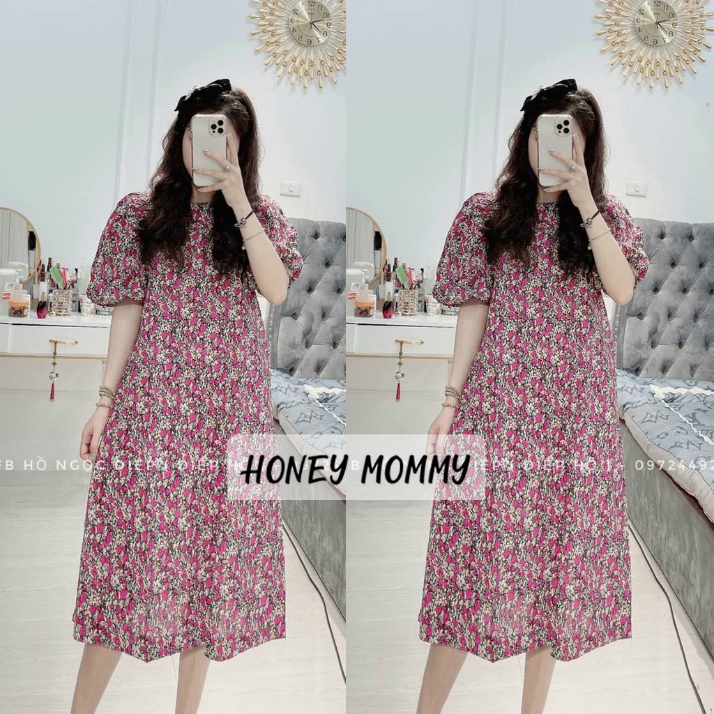 Váy Bầu Hoa Nhí Cổ Tròn Tay Bồng Dáng Suông Đầm Bầu Mùa Hè Dáng Dài HD2822 Honey Mommy