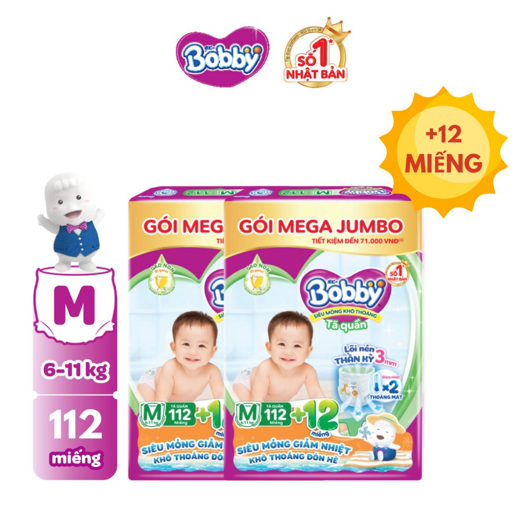 Combo 02 gói Tã quần Bobby 3mm Gạo non Giảm nhiệt Mega Jumbo M112+12/L96+12/XL84+12/XXL76+12