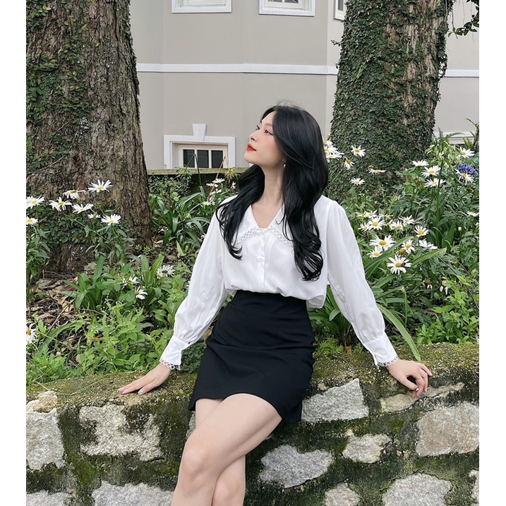 Áo sơ mi nữ kiểu Hàn Quốc tay dài phối ren công sở LUCETFASHION cao cấp trắng Jose Shirt