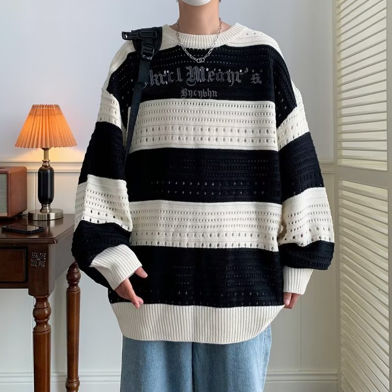Áo Sweater Dệt Kim Dáng Rộng Kẻ Sọc Trắng Đen Kiểu Hàn Quốc Cá Tính Cho Nam Và Nữ