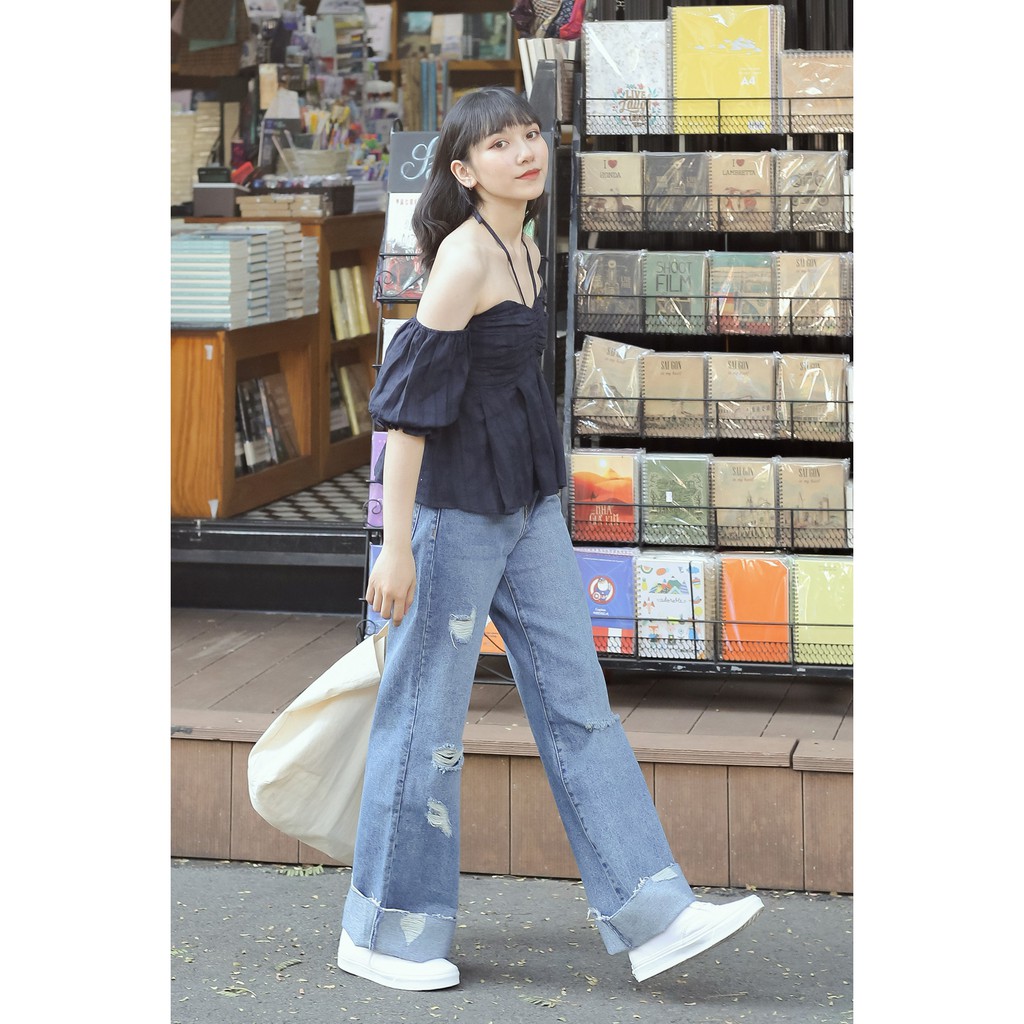 Áo kiểu nữ trễ vai cúp ngực thời trang GAGO tie-neck open shoulder top màu xanh đen GA3401 | BigBuy360 - bigbuy360.vn