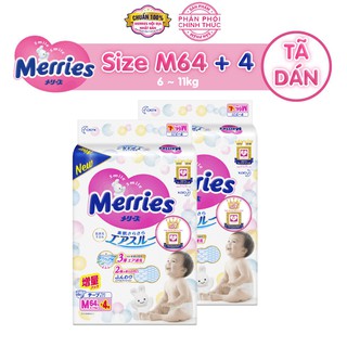Combo 2 Tã/bỉm dán Merries size M - 64 + 4 miếng (Cho bé 6 - 11kg)