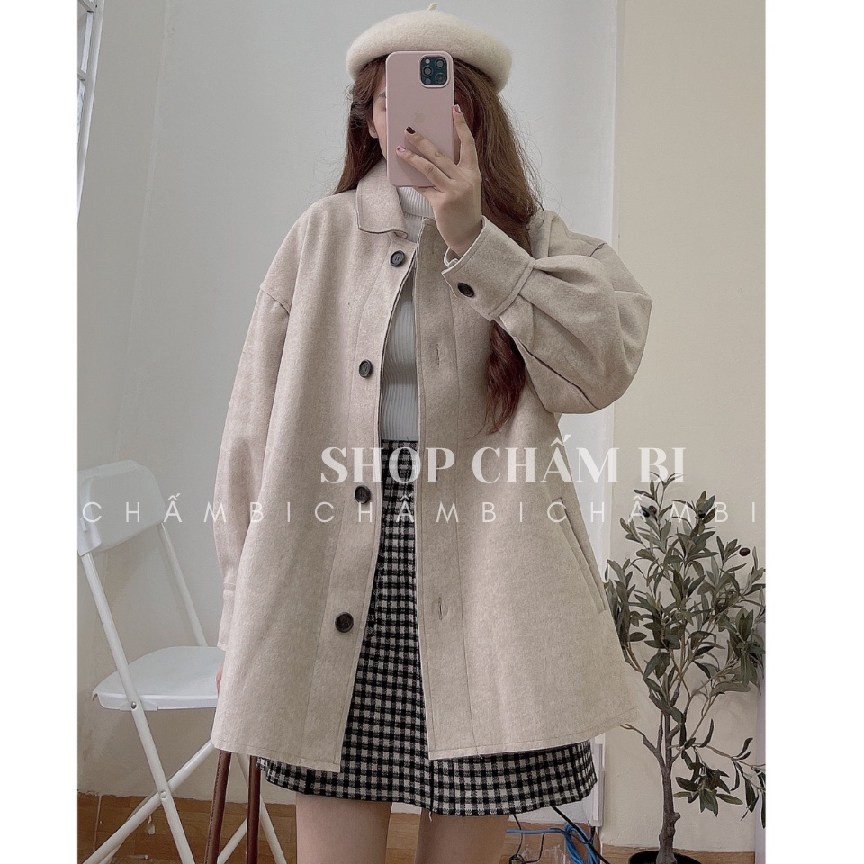 Áo khoác nữ A.275, Áo khoác dạ ép cổ đức 1 lớp túi chéo tay bồng cài cúc 2 màu be, đen cực xinh
