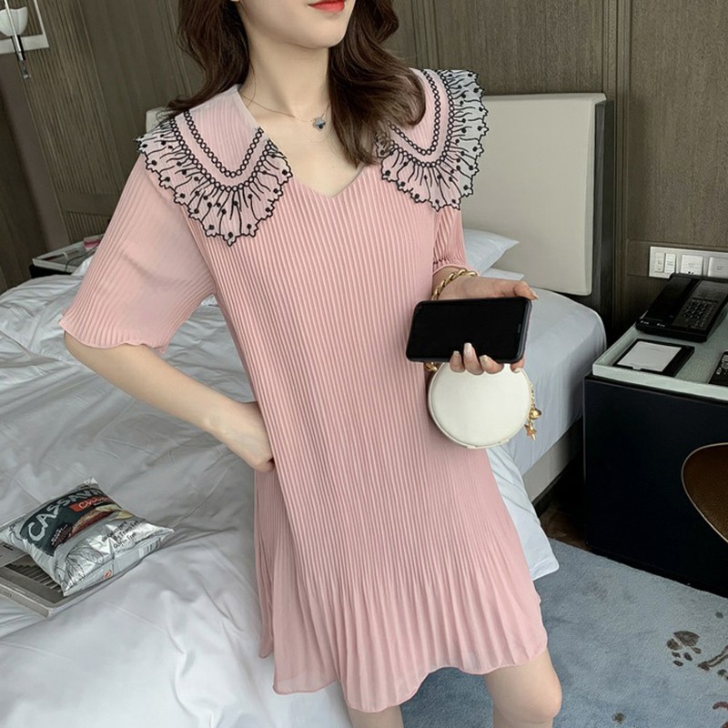 Váy chiffon nữ rộng ngắn tay cổ chữ V