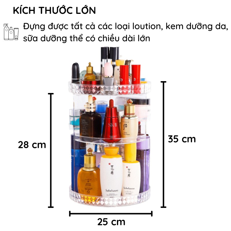 Kệ đựng mỹ phẩm trụ xoay 360 độ tiện dụng IMA Store - Kệ đựng đồ trang điểm để bàn nhựa trong suốt vân kim cương