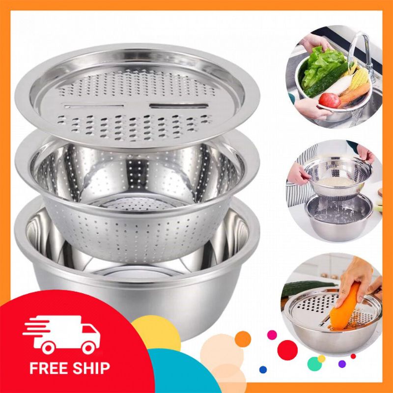 RỔ NẠO CỦ QUẢ BÀO SỢI INOX TÍCH GỌN 3 IN 1.