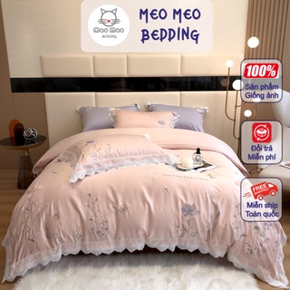 Bộ chăn ga gối lụa silk thuê họa tiết hoa nhập cao cấp 4 món - meo meo bedding