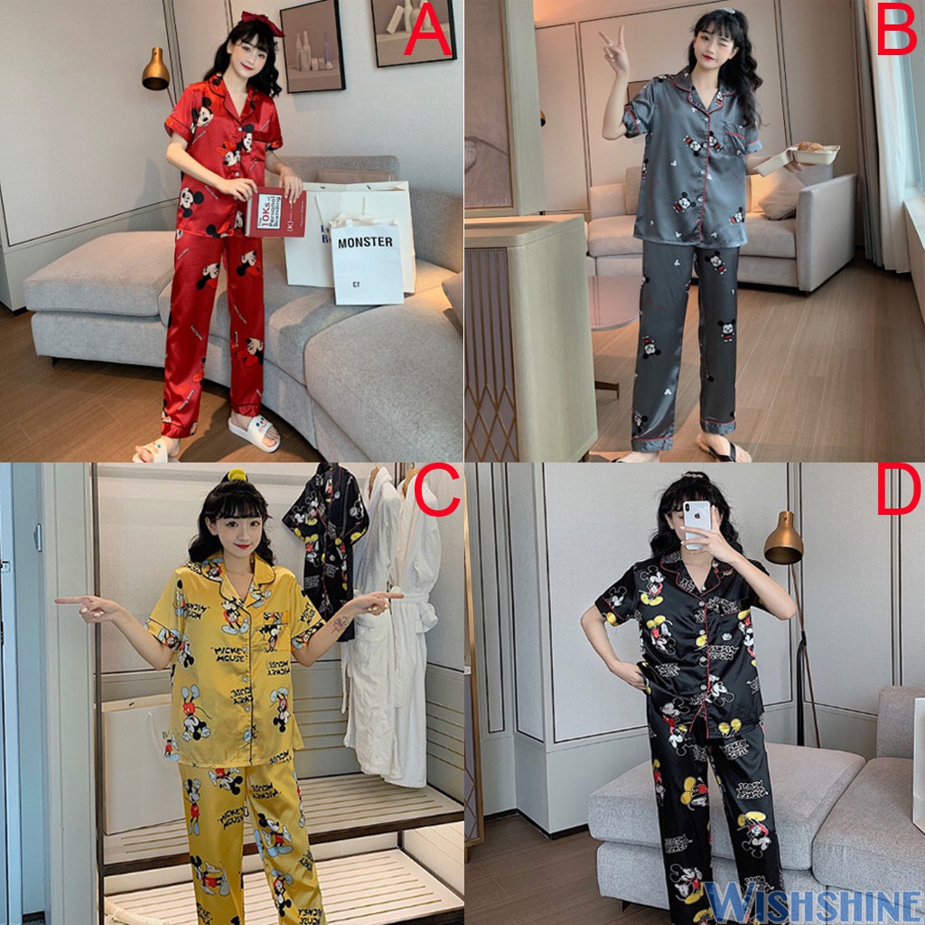 Bộ Đồ Ngủ Lụa Satin In Họa Tiết Chuột Mickey Quyến Rũ Cho Nữ