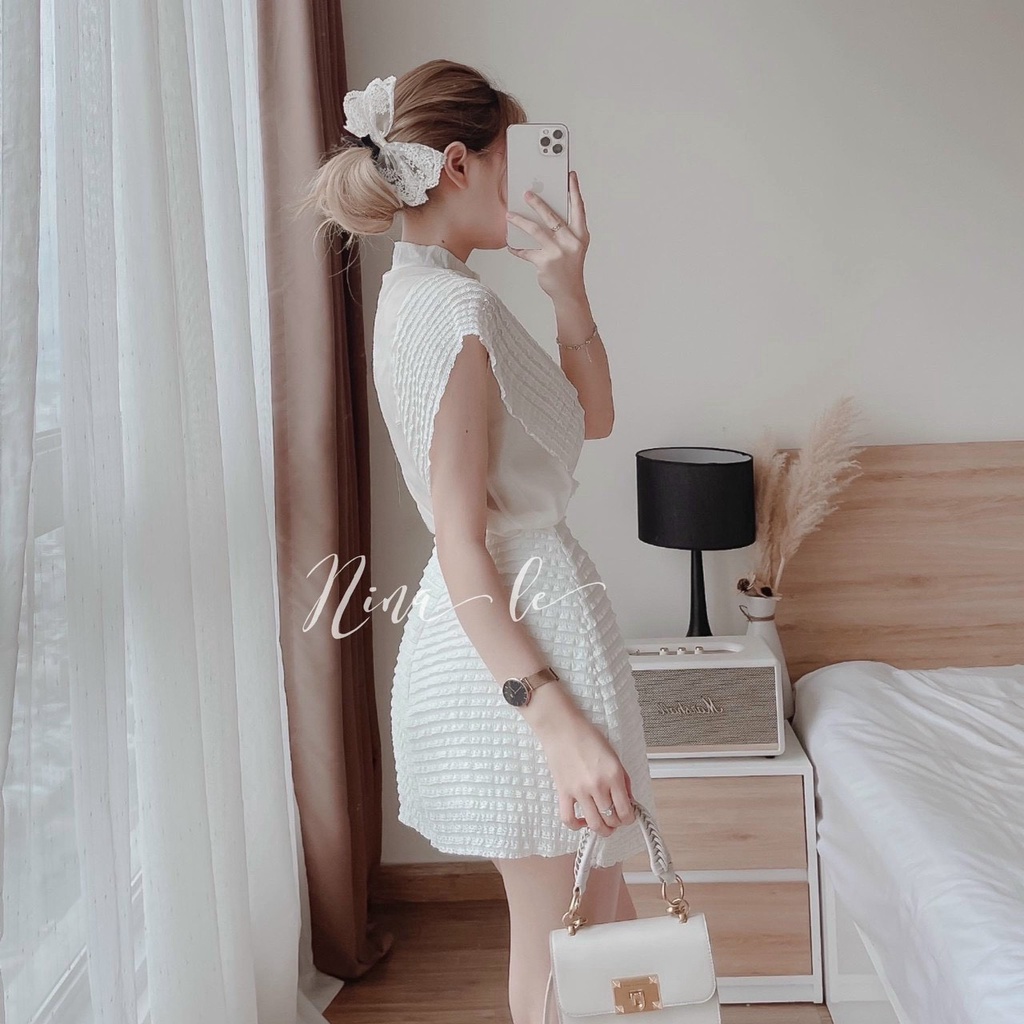 Set đồ nữ , set chân váy chữ A nữ kèm áo REN cộc tay cổ cao có nút