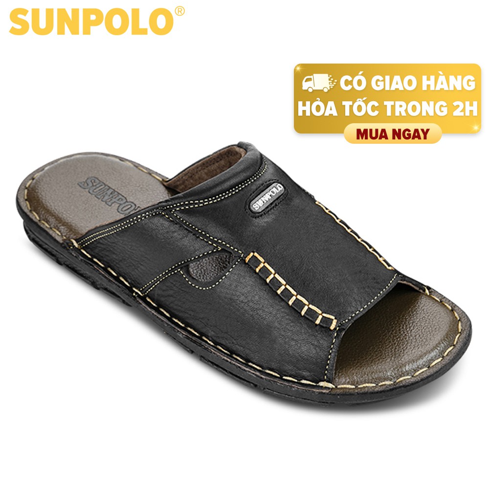 [Mã BMBAU50 giảm 7% đơn 99K] Dép Quai Ngang Nam Da Bò SUNPOLO Đen - SUA12D