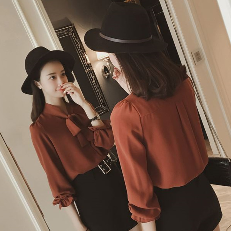 Áo Sơ Mi Chiffon Màu Trơn Cột Dây Nơ Phong Cách Hàn Quốc Thời Trang Cho Nữ