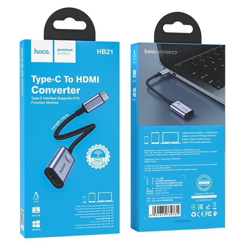 Bộ chuyển đổi đầu Type-C sang HDMI Hoco HB21 hợp kim nhôm, hỗ trợ chơi game, video, âm nhạc với chất lượng video 4K