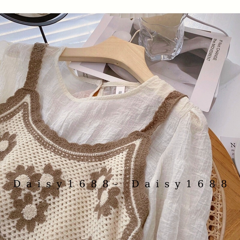 Có sẵn- Áo 2 dây Gile mặc ngoài sơ mi/ váy chất len móc Vintage