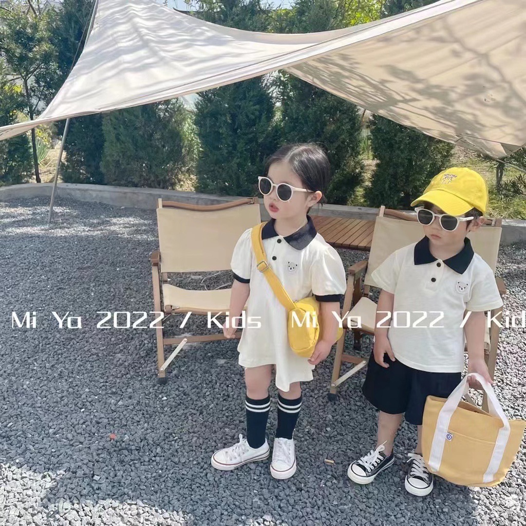 Đồng phục cho bé, set cặp chị em cổ trụ thêu mặt gấu cho bé trai bé gái