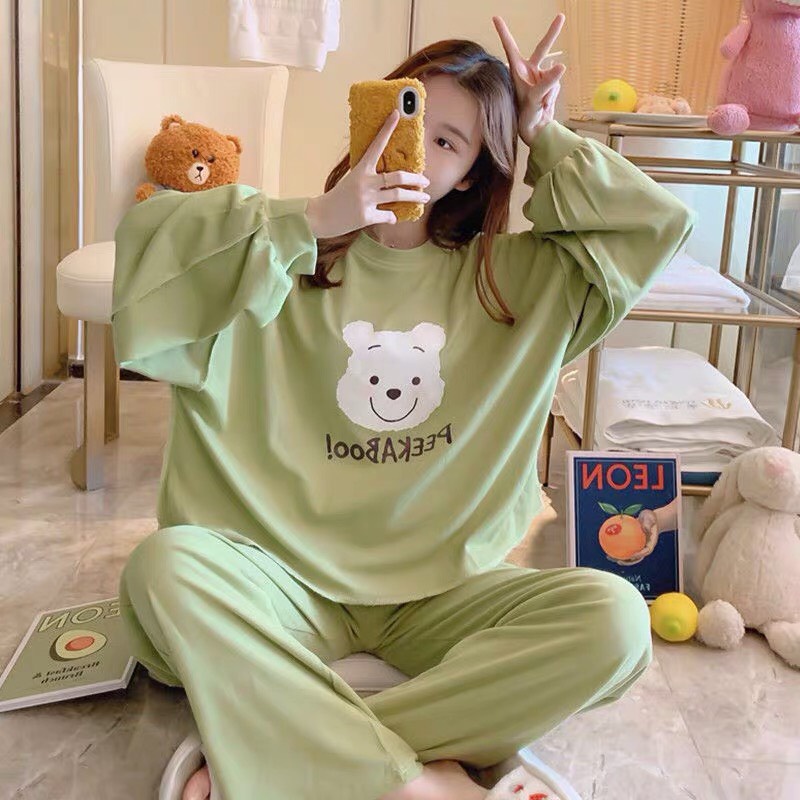 Đồ ngủ nữ dài tay mùa đông in hình gấu PEEKABOO0 cute bộ nỉ nữ HANY CLOTHINGS X090 màu VÀNG/HỒNG/XANH | BigBuy360 - bigbuy360.vn