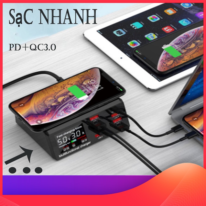 Bộ Sạc Nhanh Đa Chức Năng Thông Minh 8 Cổng 100W Sạc Nhanh Không Dây 3.0 10W PD Type C Sạc Nhanh USB Màn Hình LED iPhone