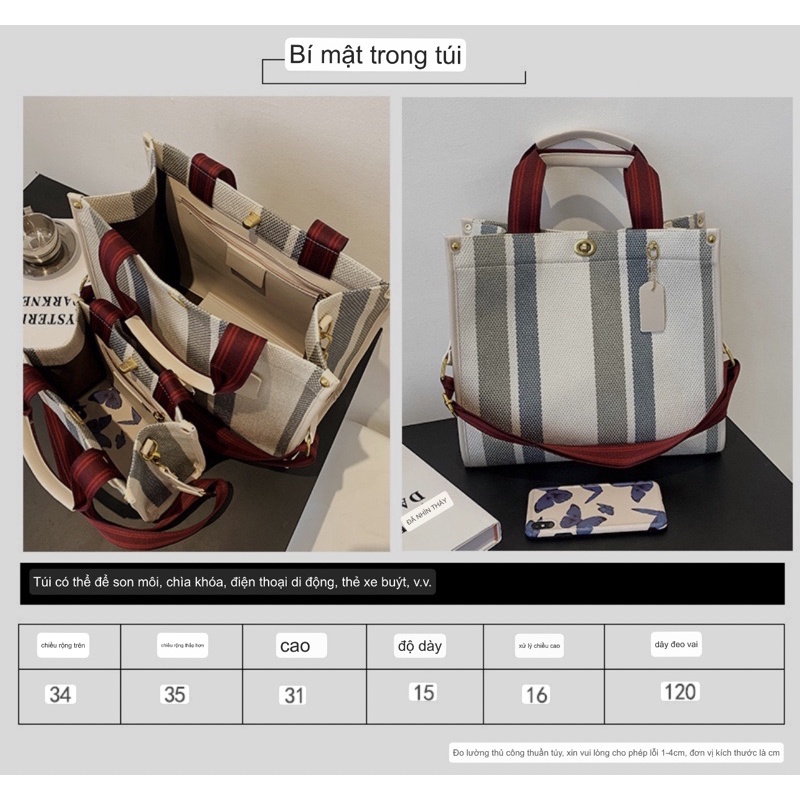 Túi vải sọc Canvas đựng tập A4 laptop và macbook 14 inch, 15inch túi xách nữ đi du lịch dã ngoại đựng bỉm sữa tả em bé