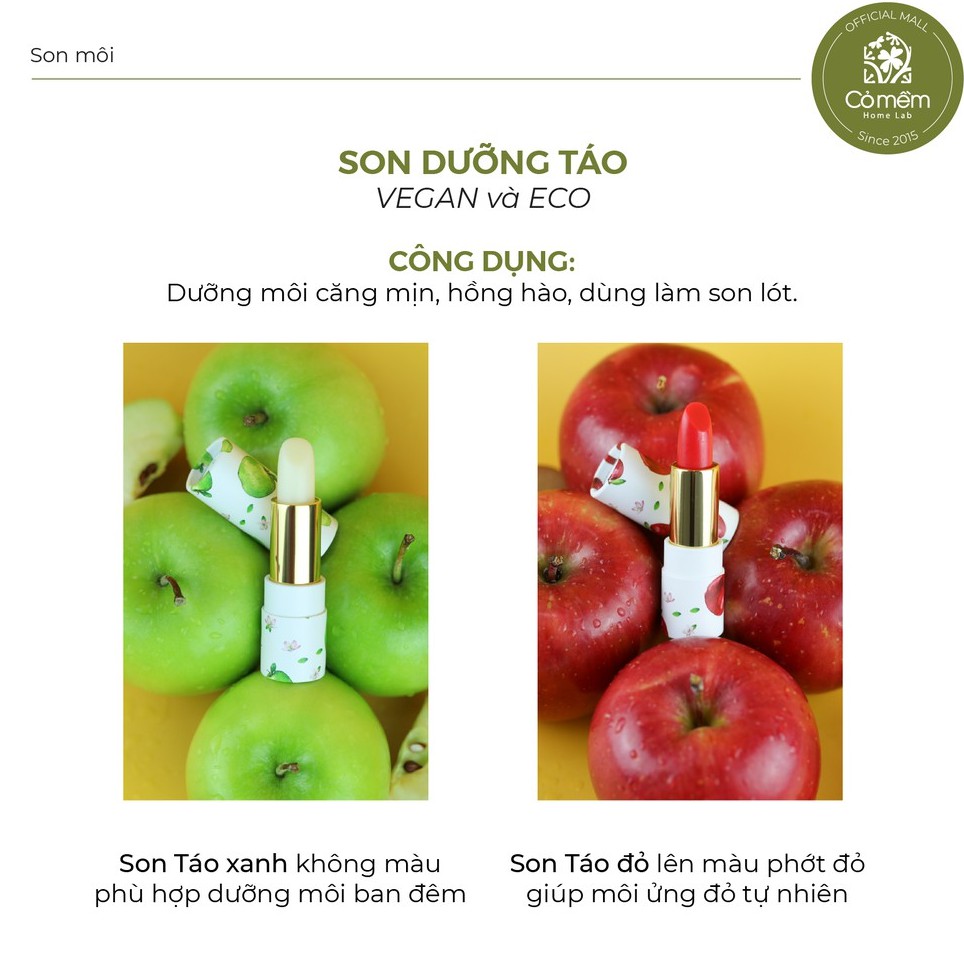 Son Dưỡng Táo Hữu Cơ Thiên Nhiên, Dưỡng Môi Hết Khô Nẻ, Chống Lão Hóa Môi Cỏ Mềm 4g Mới 100%.Bảo hành 6 tháng0