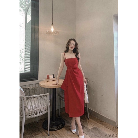 Đầm đỏ dự tiệc hai dây xoè phối nơ eo | BigBuy360 - bigbuy360.vn