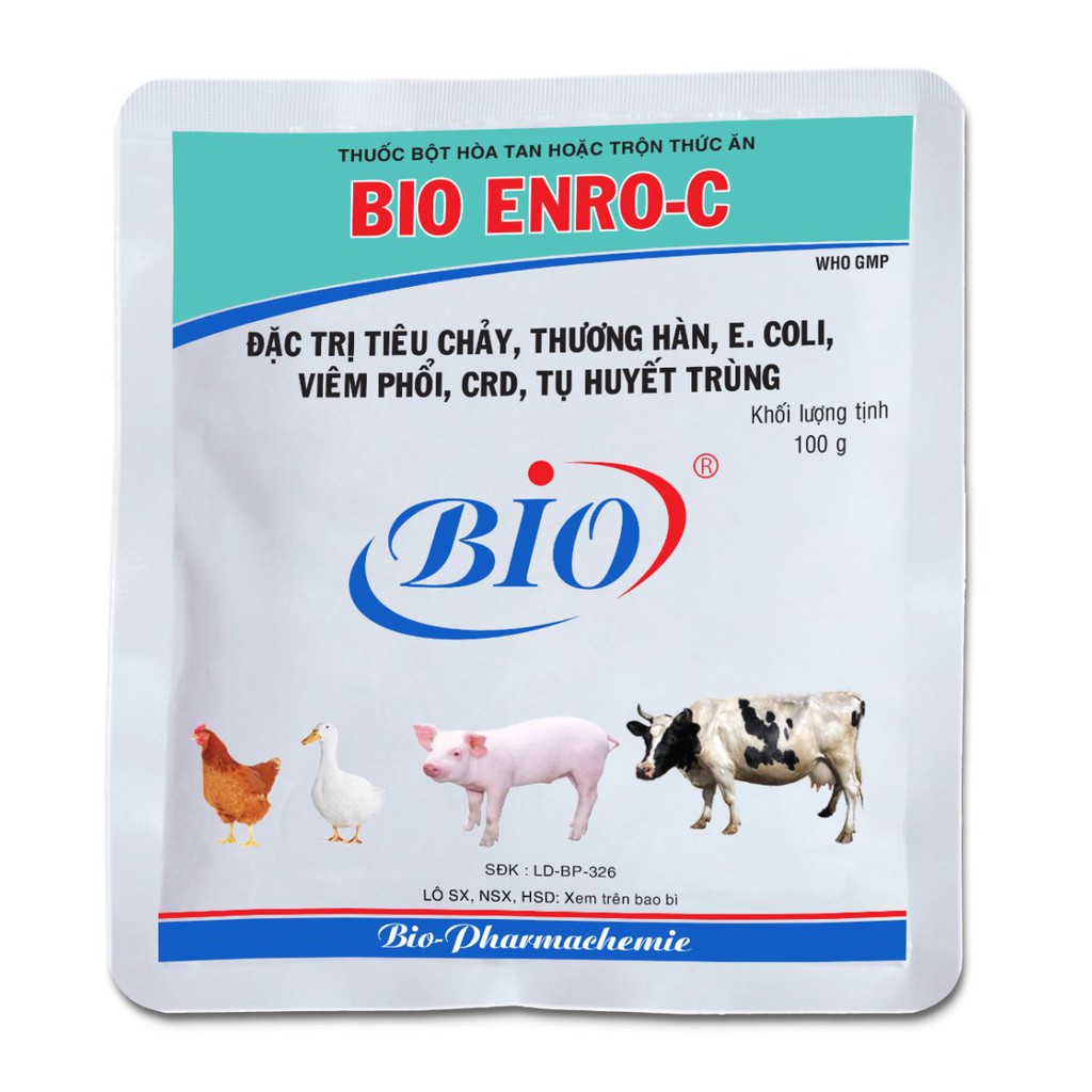 ENRO-C 100g hỗ trợ hô hấp tiêu hóa ở trâu, bò, gà, vịt, cút, heo, lợn