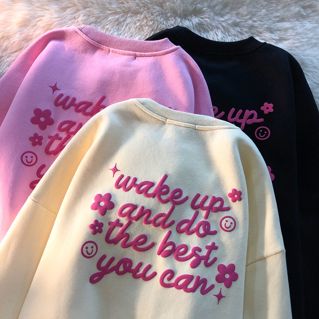 Áo sweater PEWARN cổ tròn lót nhung họa tiết hoa ngọt ngào phong cách Hồng Kông thời trang thu đông
