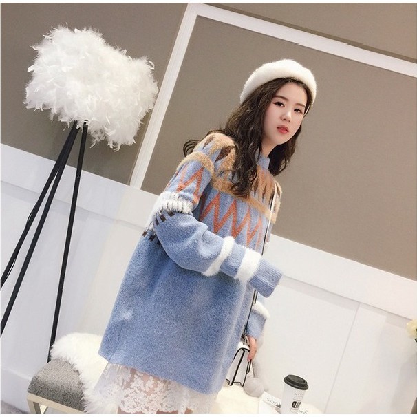 Áo len cổ tròn họa tiết thổ cẩm hot trend Harajuku