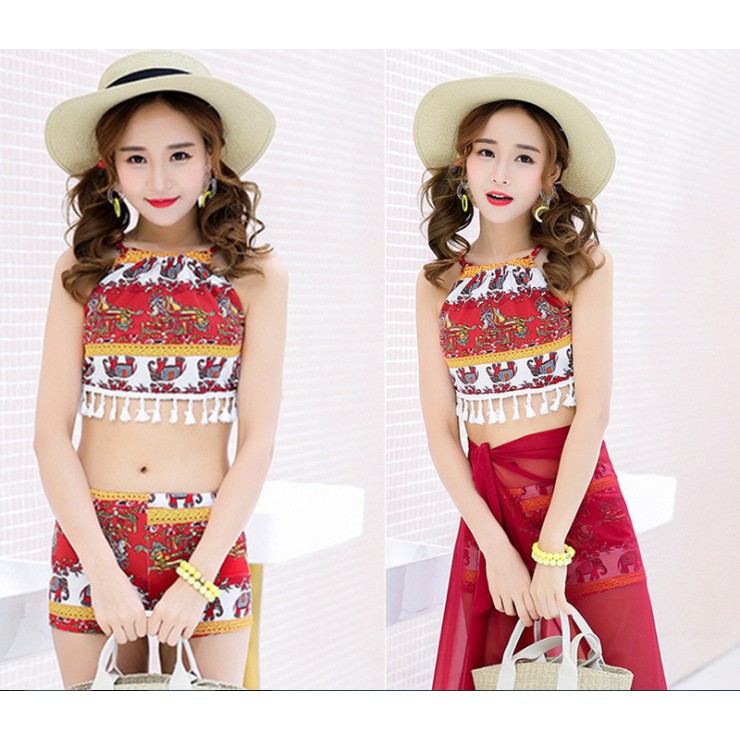 bikini bộ bơi họa tiết thổ cẩm yếm kèm khăn | BigBuy360 - bigbuy360.vn