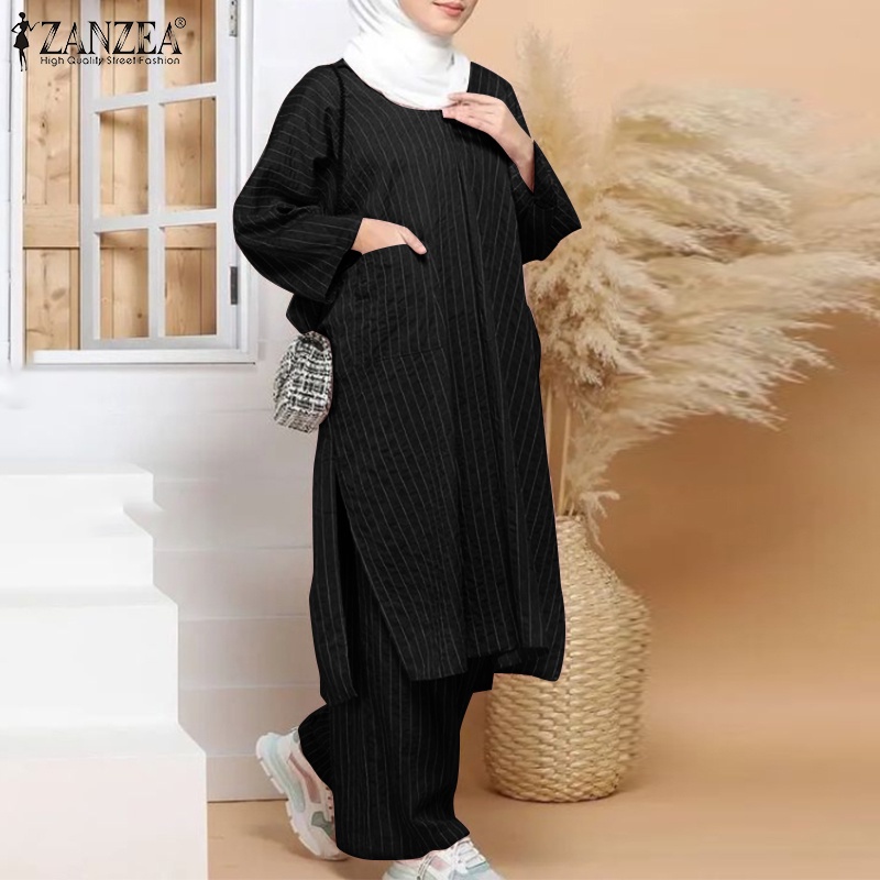 Bộ đồ nữ thường ngày ZANZEA với áo kiểu cổ tròn dáng rộng và quần dài ống rộng eo thun in hình sọc retro Hồi giáo