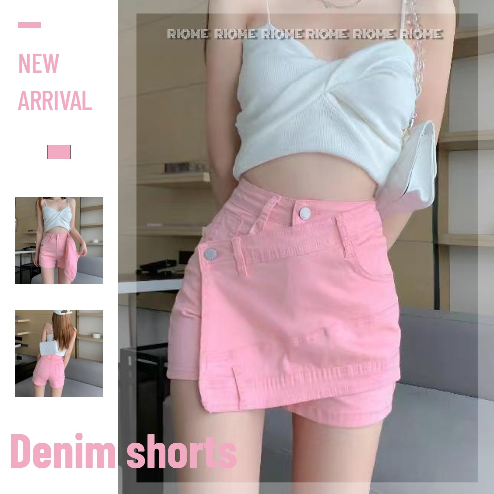 Quần Short Denim Dáng Chữ A Lưng Cao Thiết Kế Lệch Tà Cá Tính