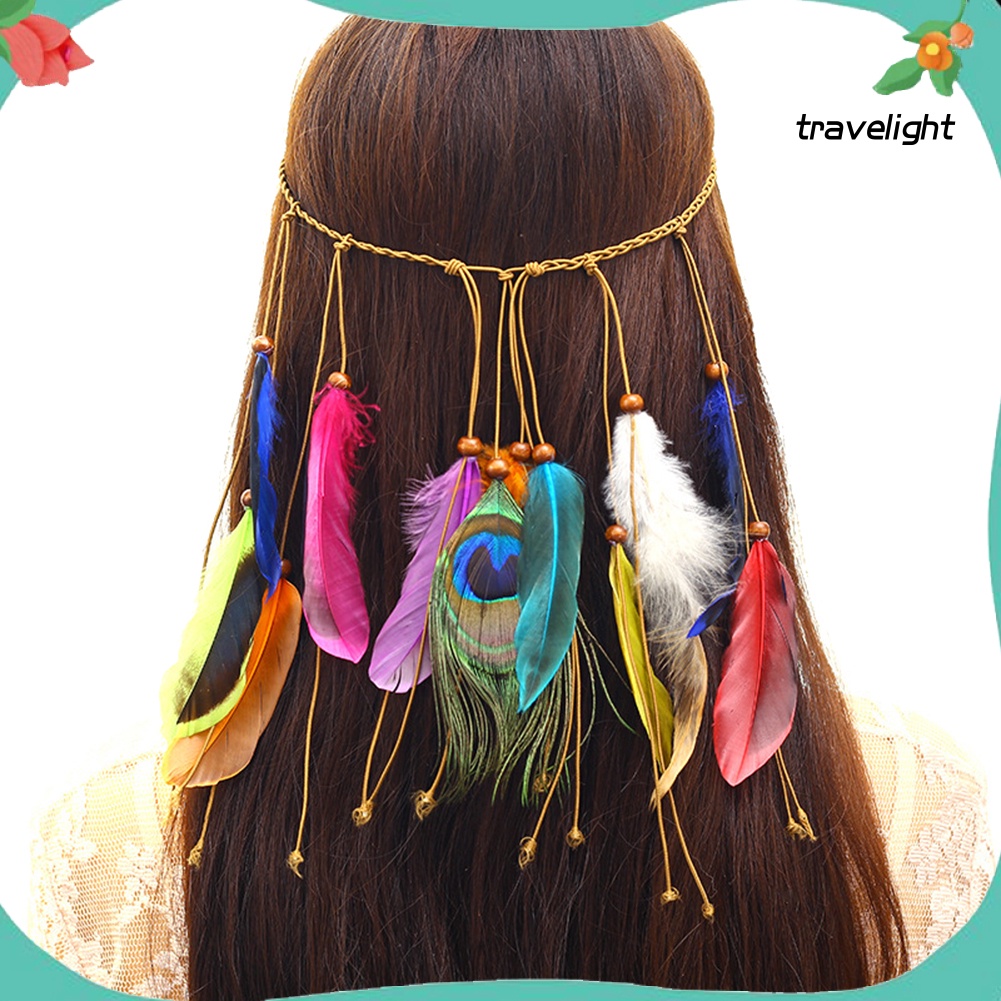 Băng Đô Cài Tóc Đính Lông Vũ Phong Cách Bohemian Cho Nữ