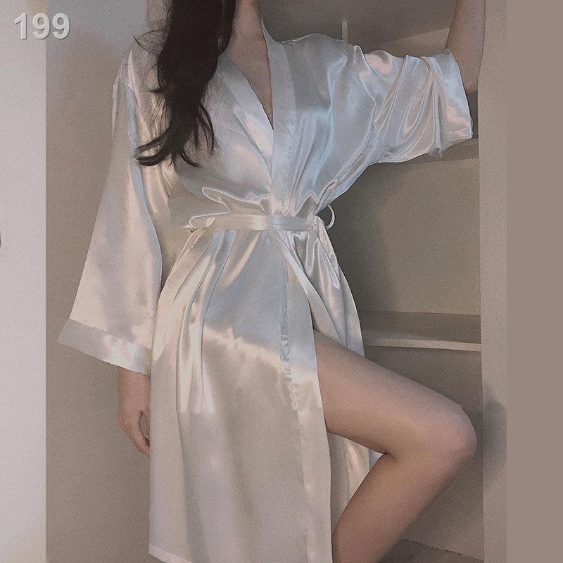 ▬Băng lụa váy ngủ mùa xuân và thu mỏng gợi cảm của phụ nữ áo choàng tắm dài tay kimono mặc phòng riêng đồ