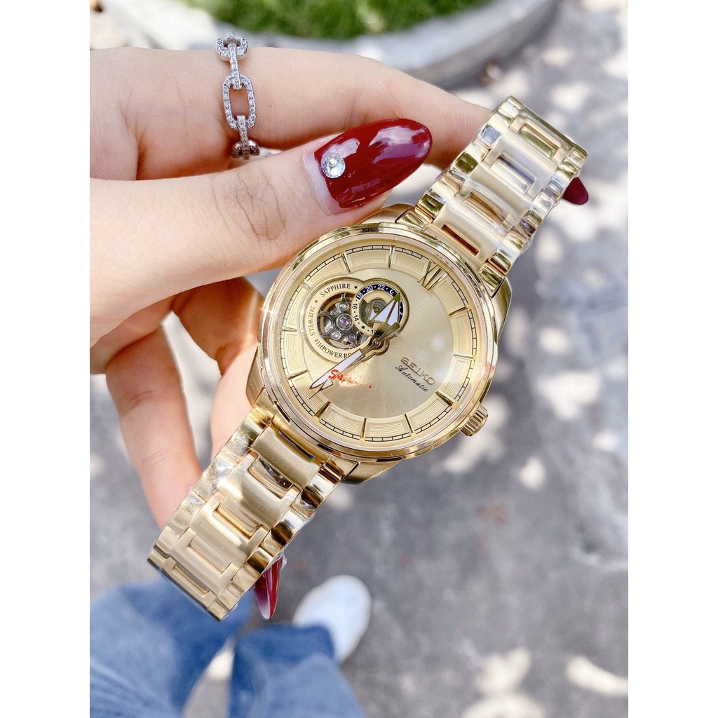 Đồng hồ Nam seiko hở mặt 4kim 24h chạy cơ automatic nhiều màu máy Nhật size 40mm dây kim loại vỏ vàng