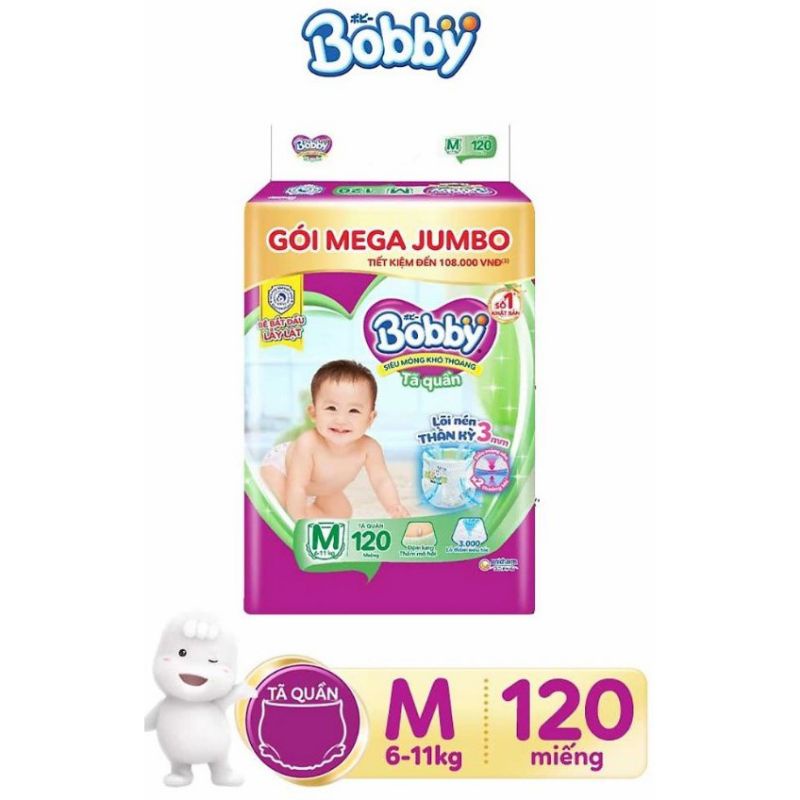 TPHCM - (Đệm lưng thấm mồ hôi) Tã - bỉm quần Bobby Mega Jumbo size M120 cho bé 6-11kg