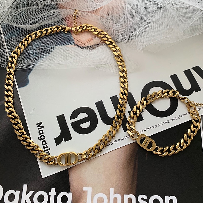 Vòng tay dây xích mặt chữ D đối mặt phong cách Harajuku thời trang thường ngày cho cặp đôi 19A1376